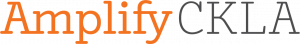Logotipo del programa de lectura Amplify CKLA, que presenta el texto "amplify ckla" en naranja con un gran signo de exclamación, en una fuente sans-serif limpia.