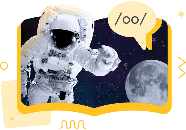 An astronaut floats in space near the Moon, with a speech bubble displaying