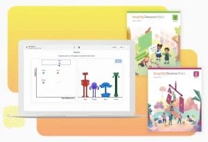 A laptop displaying a graph on a webpage labeled "Robots" sits next to two textbooks titled "Amplify Desmos Math," one being the teacher edition and the other for grade 6, exemplifying student-centered instruction through math technology.