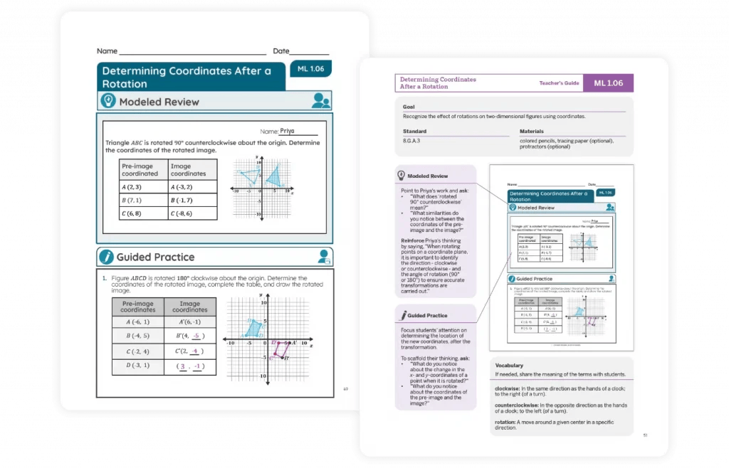 Two pages of a math worksheet titled "Determining Coordinates After a Rotation." The left page includes exercises and a guided practice section, while the right page provides detailed instructions and explanations.