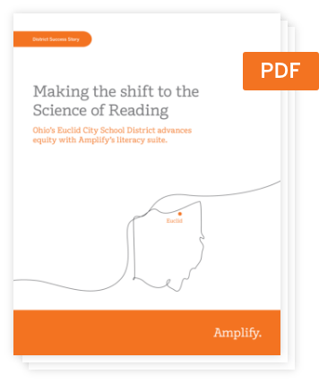 Cover of a PDF titled "Making the shift to the Science of Reading," featuring a map outline of Ohio, highlighting Euclid, with insights from Literacy research and the Amplify logo at the bottom.