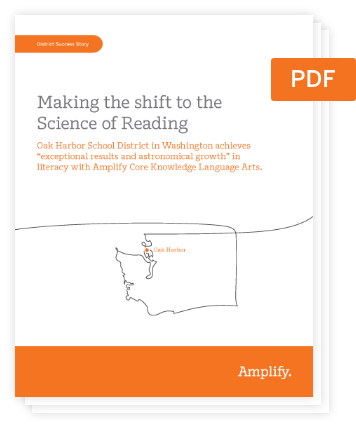 Cover of a PDF titled "Making the shift to the Science of Reading" by Amplify, featuring a hand-drawn map of Washington state with Oak Harbor marked. Orange banner labeled "PDF" at the top right corner.