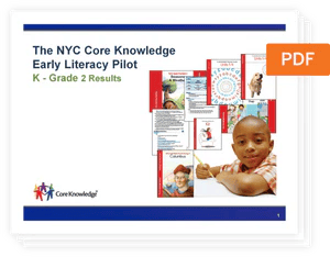 Pdf icon overlaying a presentation slide about the NYC core knowledge early literacy pilot results, featuring text, images, and a photo of a young boy, focused on CKLA research.