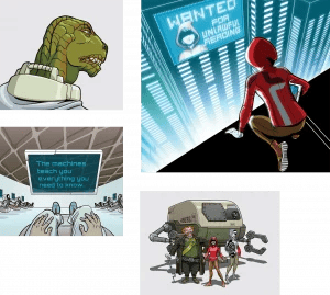 Comic book-style illustration featuring four panels: a close-up of a reptilian character, Spider-Man looking at a "wanted" sign, a message about machines amplified for middle school reading, and a group