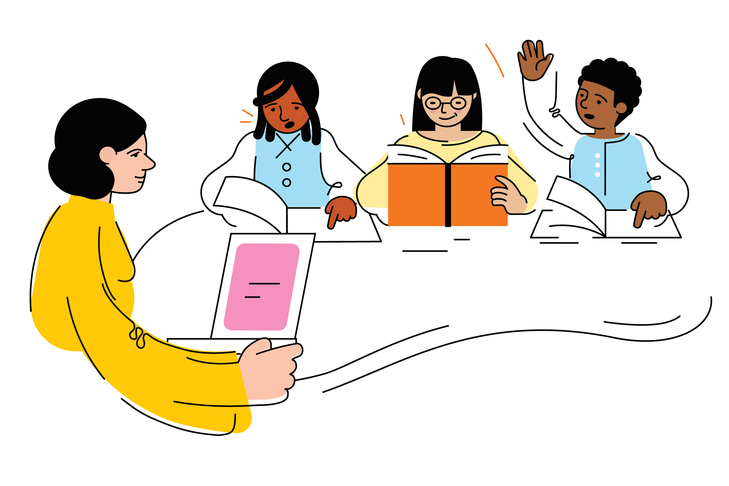 A teacher with a tablet engaging students in an early literacy curriculum at a curved desk, one of whom is raising a hand.