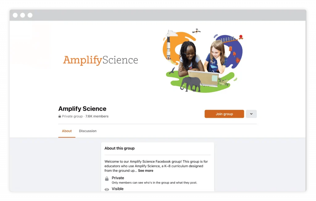 Two children engaged in a science activity with a model volcano and a laptop on a webpage titled "amplify science.
