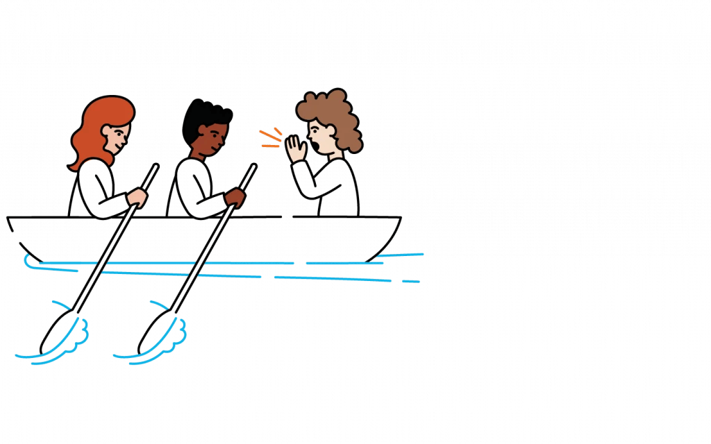 Three people in a boat, rowing and conversing, with one gesturing while speaking. the background is plain green, and the water is represented by simple blue lines.