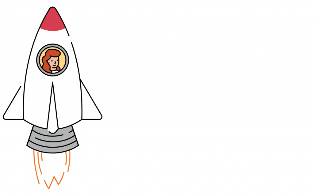 A cartoon of a green rocket with a red tip, featuring a woman with blonde hair in a circular window, depicted with flames at the base indicating motion.