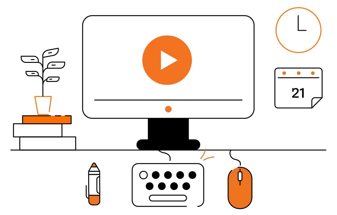A desktop computer displays a play button, hinting at a science of reading podcast by Susan Lambert. Surrounding items include a plant, books, calendar, clock, pen, keyboard, and mouse in a minimalist orange and black style.