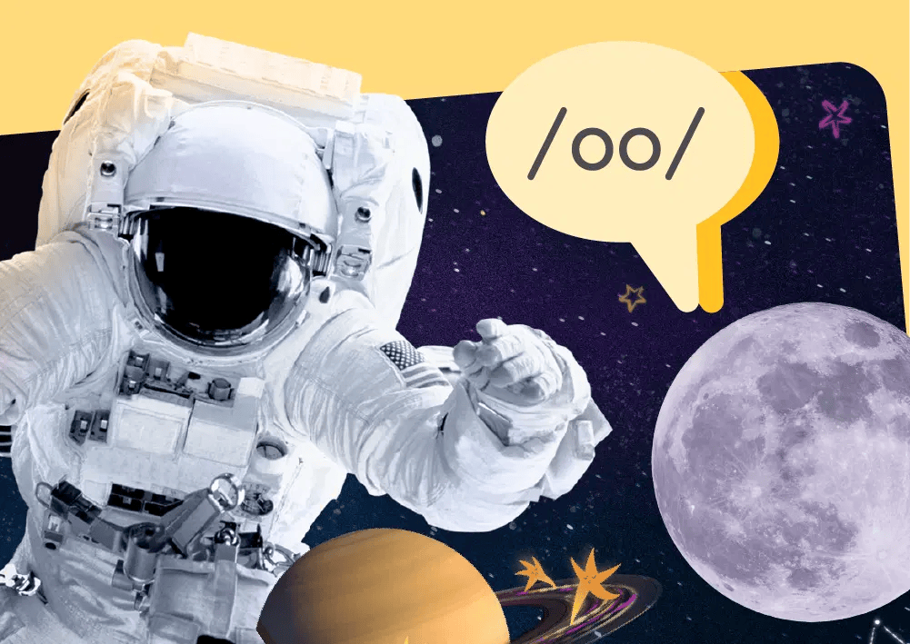 Astronauta flotando en el espacio con planetas, estrellas y la luna. Un globo de diálogo muestra el símbolo fonético "/oo/" sobre un fondo cósmico violeta.