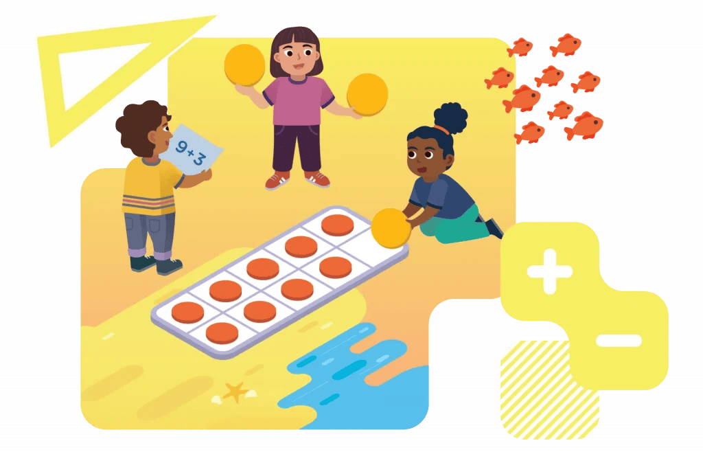 Tres niños participan en una actividad práctica de matemáticas con tarjetas numéricas y fichas sobre una cuadrícula. El fondo está decorado con peces y símbolos matemáticos.