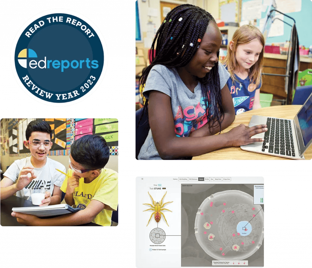 Collage of educational settings: top left, two young girls using laptop in library; bottom right, middle school science project display on tablet; bottom left, two boys with tablet discussing.