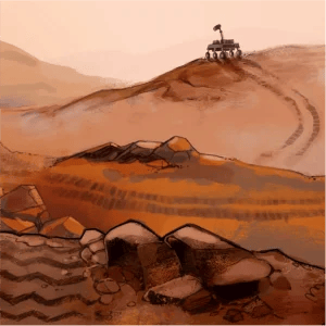Un rover robótico está colocado en un terreno arenoso y lleno de rocas bajo un cielo brumoso, dejando huellas de neumáticos tras él.