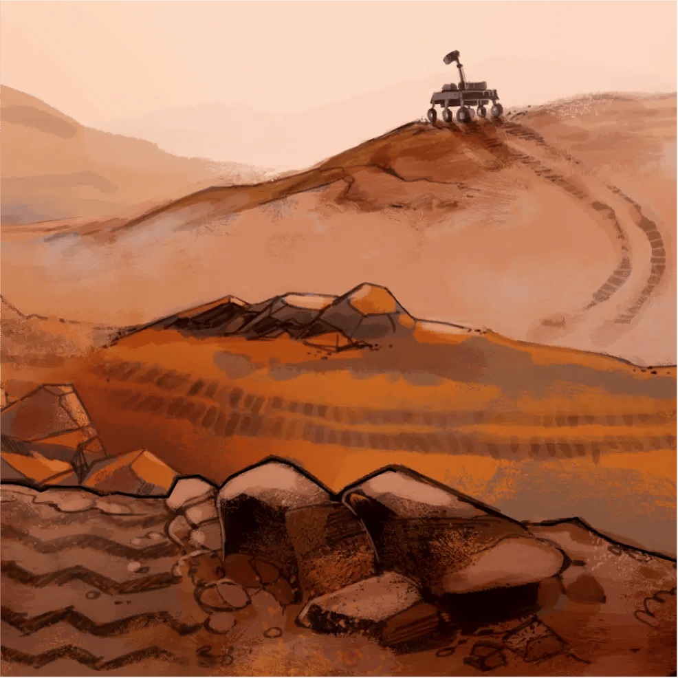 Un rover robótico está colocado en un terreno arenoso y lleno de rocas bajo un cielo brumoso, dejando huellas de neumáticos tras él.
