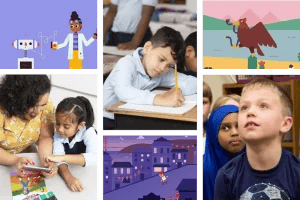 Collage of school activities: cartoon scientist, children engaging in early literacy, mythical creature, and cityscape.