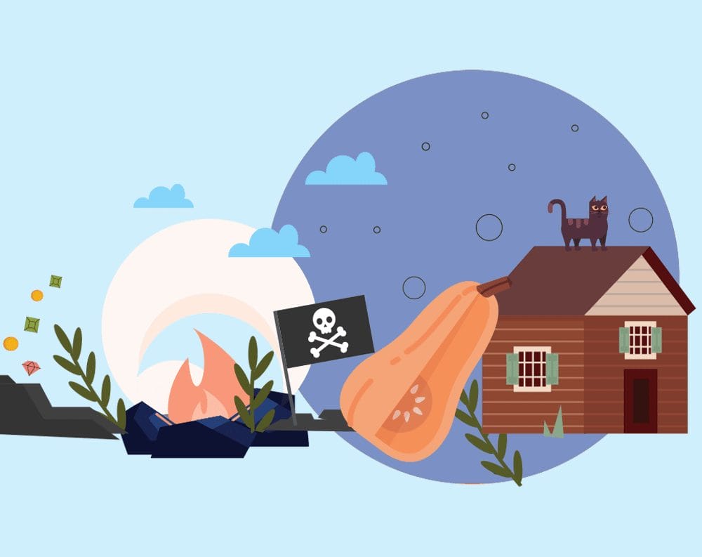 Illustration of a house with a cat on the roof, a large squash, a fire with a skull flag, and floating geometric shapes against a blue background.