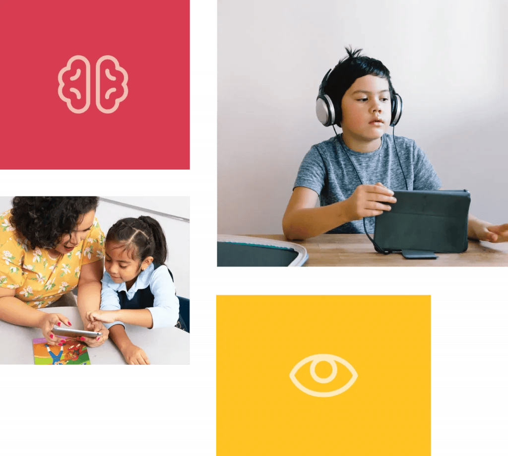 Collage with a logo on red background, a boy with headphones using a tablet, a woman and girl using a smartphone, and an eye icon representing the University of Oregon on yellow background.