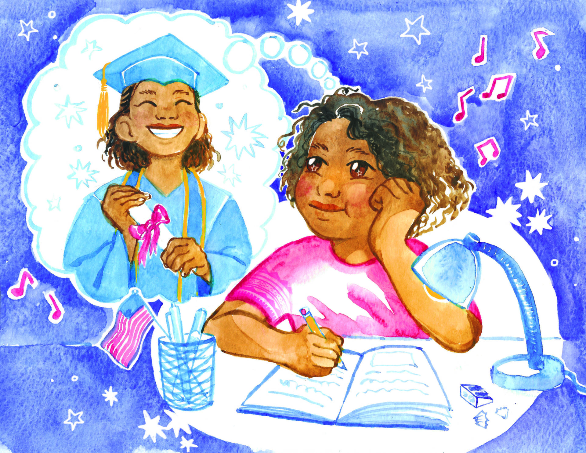 A girl writes at her desk, imagining herself graduating in cap and gown, with a thought bubble showing her smiling and holding a diploma.