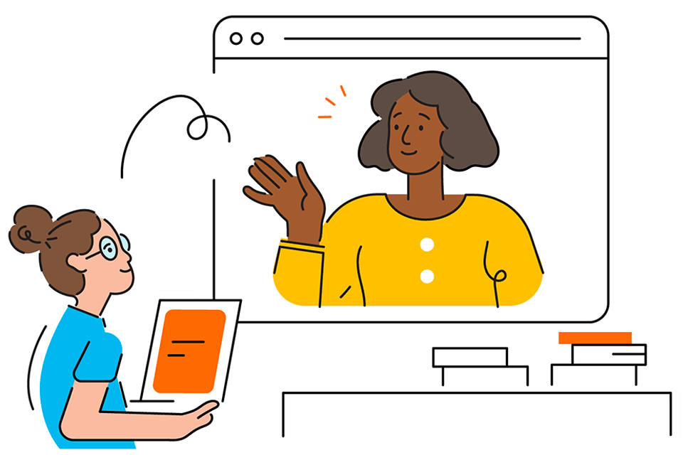 Illustration of a young woman with a laptop participating in a video call with an older woman who is waving from the computer screen.