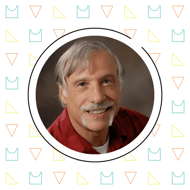 Portrait of a smiling elderly man with a mustache, wearing a red shirt, framed by a circle with a patterned background of triangles and math problem-solving skills.