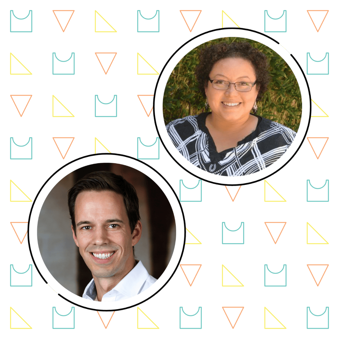Two people are in circular frames on a patterned background. The top circle shows a person smiling with glasses, and the bottom circle shows another person smiling.