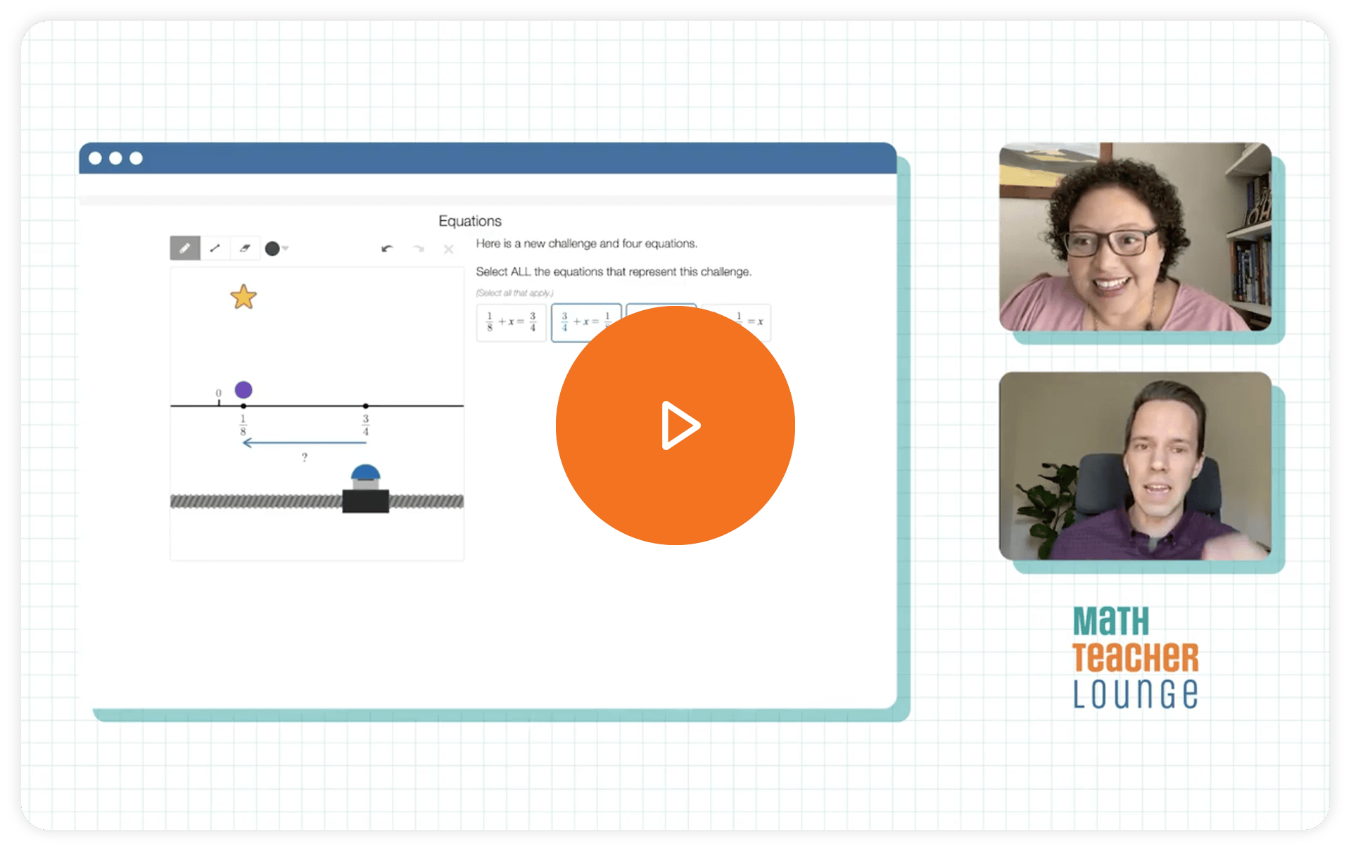 A video call screen showing a math problem on the left with a play button overlay, and two participants on the right in individual video boxes. "MATH TEACHER LOUNGE" text is at the bottom.