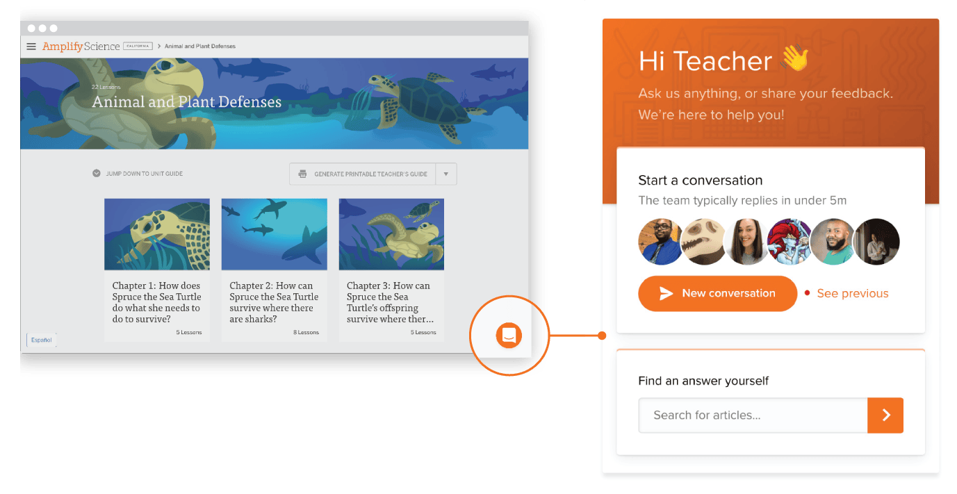 Interface of an educational website on animal and plant defenses, featuring chapter tiles with illustrations, and a chat support window labeled 'Hi Teacher' offering new conversation options.