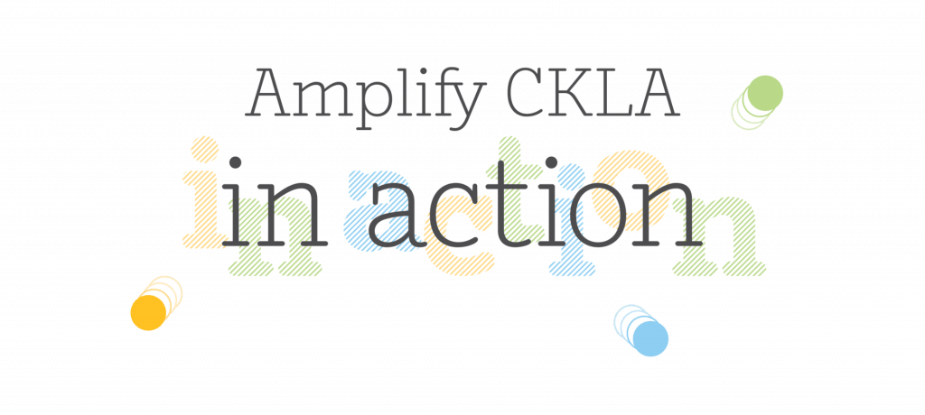 Text reading "Amplify CKLA in action" with decorative colored circles and striped patterns on the letters.