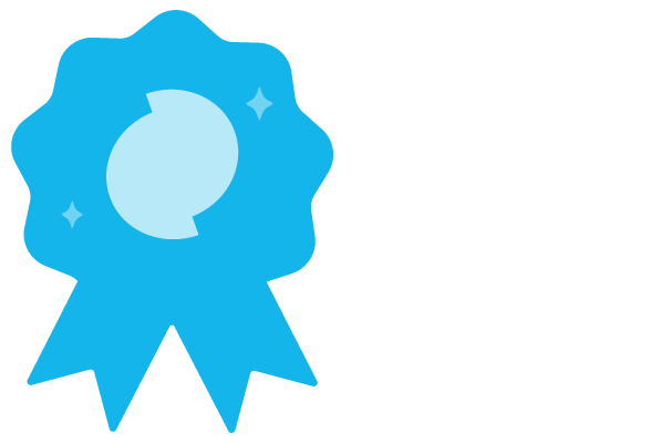 A blue award ribbon with a circular center and two hanging ribbons, featuring small star-like decorations.