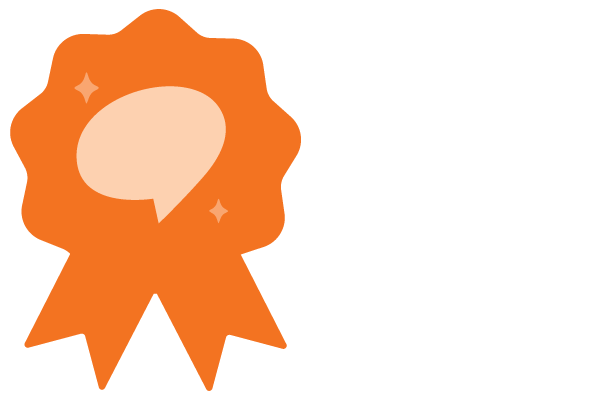 Orange ribbon with a speech bubble in the center, surrounded by a scalloped edge, against a black background.