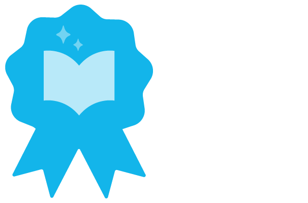 Blue ribbon icon with an open book and sparkles in the center.