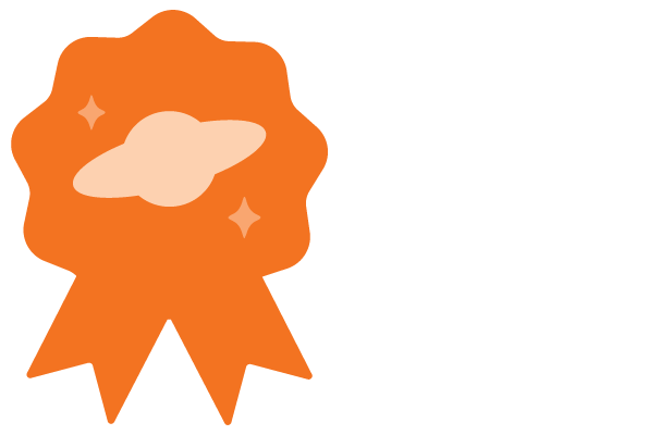 Orange ribbon badge with a stylized planet and two stars in the center on a black background.