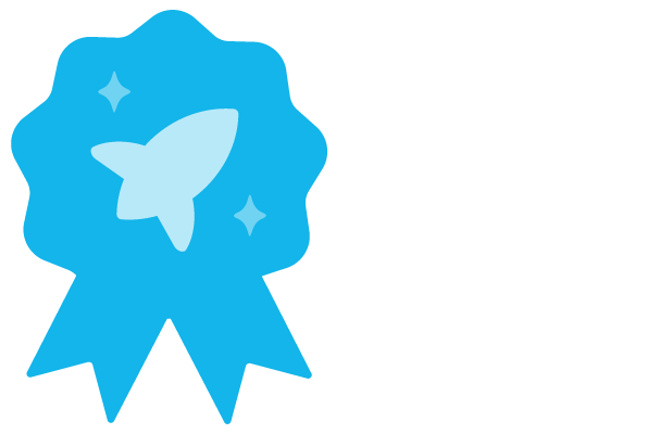 Blue ribbon with a silhouette of a rocket in the center, surrounded by small sparkles, on a black background.