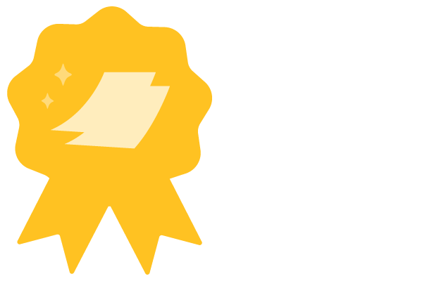 A yellow badge with a light reflection design, featuring two ribbon tails at the bottom.