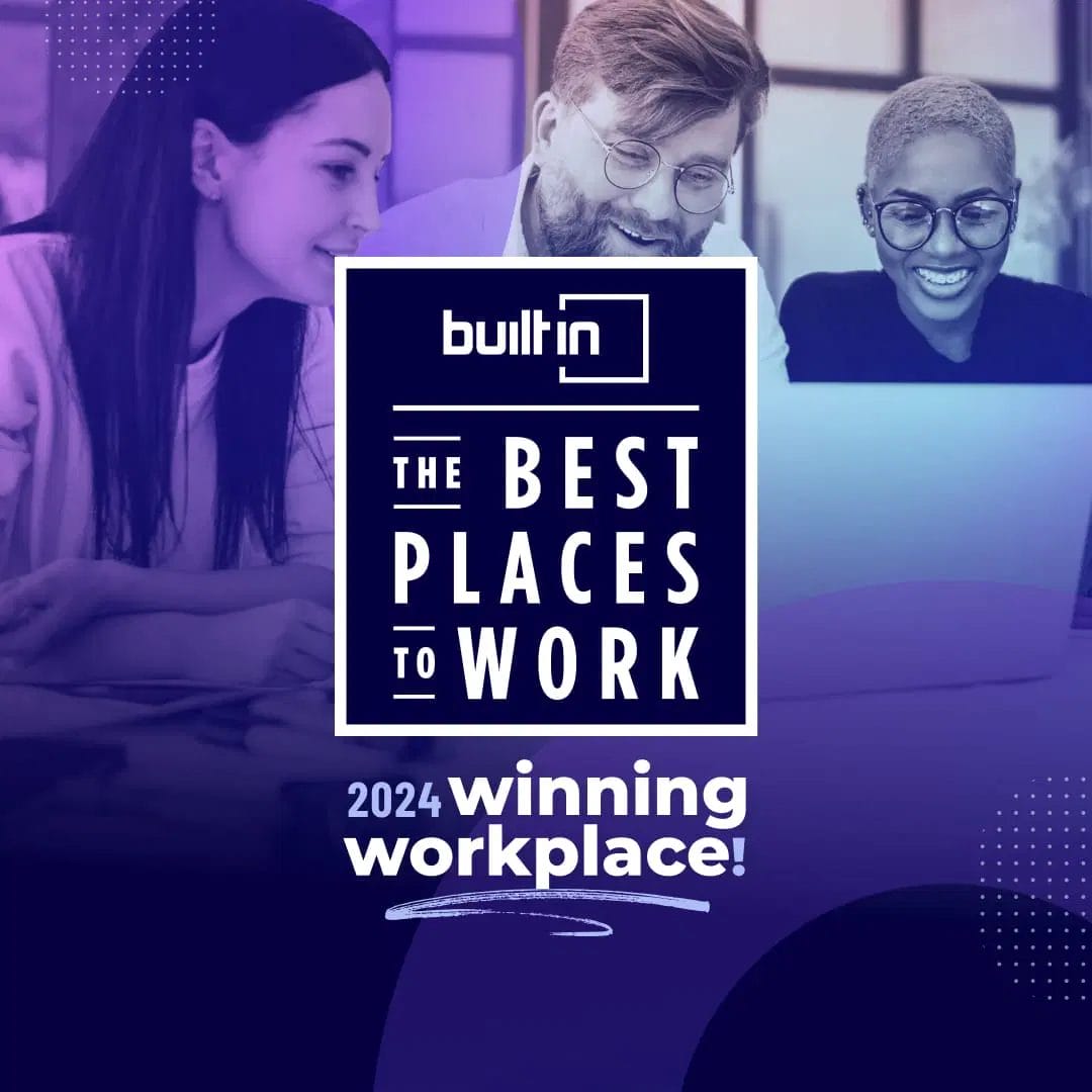 Three people collaborate at a laptop. Text on image reads "Built In: The Best Places to Work, 2024 Winning Workplace!.