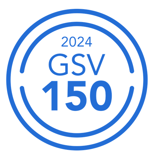 A blue circular badge with the text "2024 GSV 150" in the center.