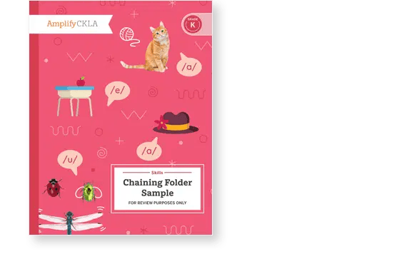 Red educational cover with illustrations of a cat, insects, a hat, and phonetic symbols. Text reads: "Amplify CKLA Skills Chaining Folder Sample For Review Purposes Only.