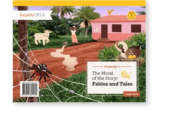 Illustration of a rural scene with a red house, cow, cat, woman, muddy path, and a spider on a web. The text reads: "The Moral of the Story: Fables and Tales, Grade 1.