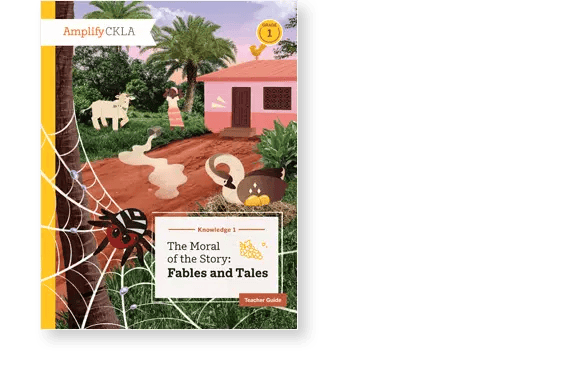 Book cover with a spider web in the foreground. A red house, animals, and trees are in the background. Title reads "The Moral of the Story: Fables and Tales.