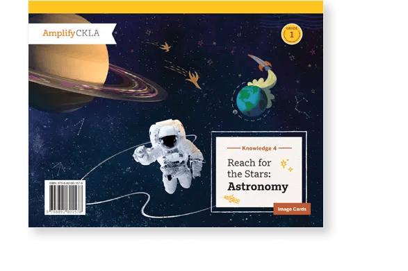 Illustrated cover of a Grade 1 astronomy book titled "Reach for the Stars," featuring a space scene with an astronaut, Earth, Saturn, and shooting stars.