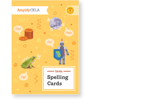 Cover of "Skills Spelling Cards" by Amplify CKLA, featuring a knight, frog, moon, and sound symbols on a yellow background.