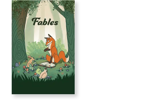 Illustrated book cover titled "Fables" shows a fox sitting on a stump, reading aloud to a rabbit and a bird, surrounded by mushrooms and grass under tall trees.