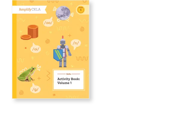 Cover of "Activity Book: Volume 1" featuring coins, a knight, and a grasshopper on a yellow background with phonetic symbols and a globe.