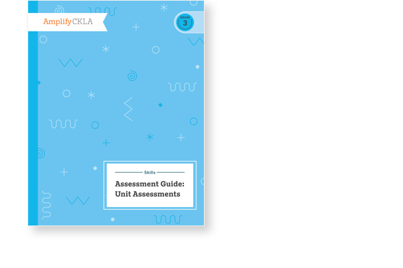 Blue "Skills Assessment Guide: Unit Assessments" book cover with geometric patterns, labeled "Amplify CKLA" Edition 3 in the top left corner.