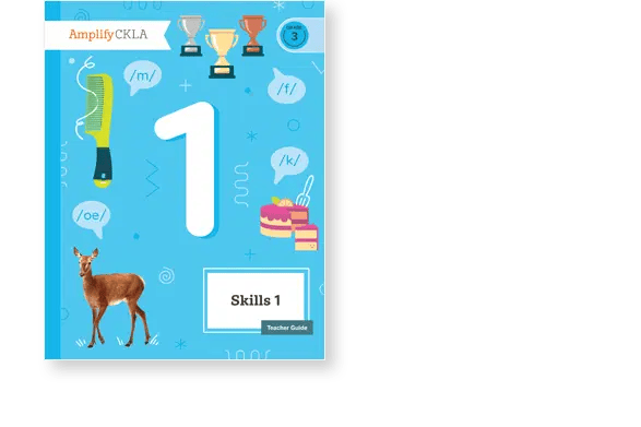 Blue book cover titled "Amplify CKLA Skills 1" featuring a large number 1, a deer, a slice of cake, a comb, and trophy icons.