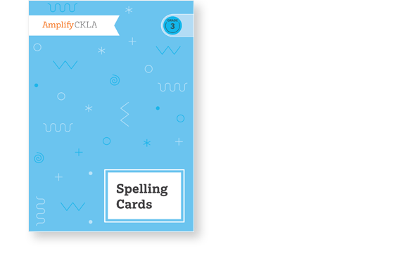 Blue cover with geometric patterns, labeled "Amplify CKLA" at the top and "Spelling Cards" at the bottom, featuring a "Grade 3" badge.