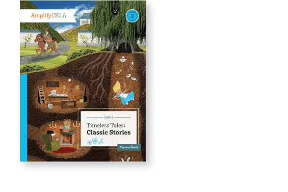 Cover of a book titled "Classics Tales: Student Edition" from Amplify, featuring a cross-section of a tree with underground rooms and a scene above of a person walking.