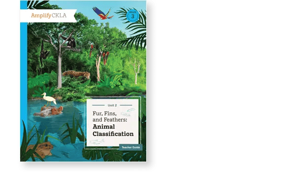 The image shows the cover of a book titled "Fur, Fins, and Feathers: Animal Classification." It features illustrations of various animals and a pond surrounded by lush greenery.