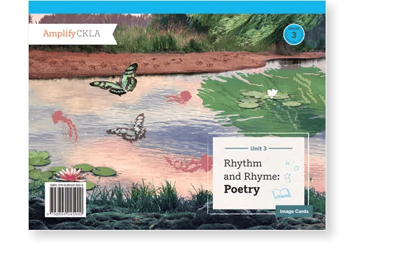 Cover of a poetry image cards book titled "Rhythm and Rhyme: Poetry," featuring butterflies and lily pads on a pond with a landscape background.