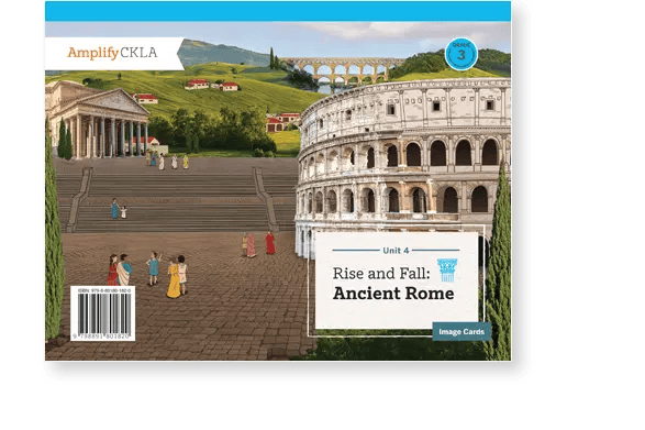 Cover image of a textbook titled "Rise and Fall: Ancient Rome" featuring the Colosseum and ancient Roman architecture with people in historical attire and distant hills.